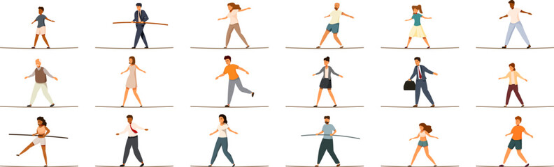 Walk rope balance icons set. Diverse individuals carefully balancing on tightropes, demonstrating concentration, stability, and resilience in overcoming obstacles © nsit0108