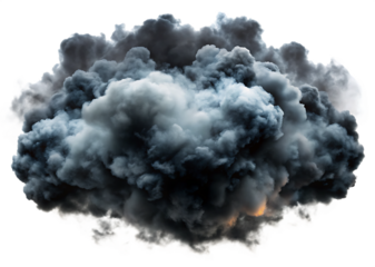 Dark billowing smoke cloud with dramatic studio lighting and subtle orange glow isolated on a transparent background