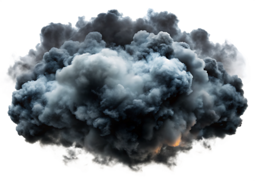 Dark billowing smoke cloud with dramatic studio lighting and subtle orange glow isolated on a transparent background
