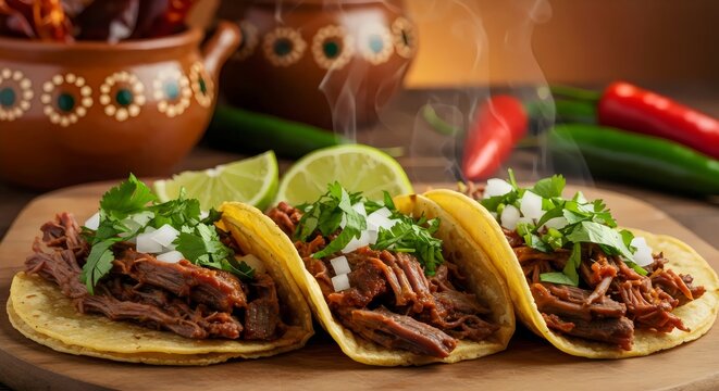Professional Food Photography of Gourmet Tacos Featuring Melty Cheese, Cilantro, and Spicy Barbacoa   - Powered by Adobe