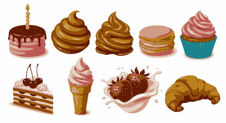 A collection of realistic 3D rendered desserts and sweets: cake, whipped cream, macarons, cupcake, cake slice, ice cream, strawberries, croissant.