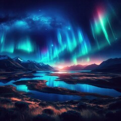 A breathtaking and magical image of the Aurora Borealis or Aurora Australis, with vibrant lights dancing across a dark night sky over a serene, uninhabited landscape.