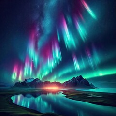 A breathtaking and magical image of the Aurora Borealis or Aurora Australis, with vibrant lights dancing across a dark night sky over a serene, uninhabited landscape.