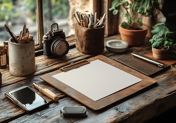 Rustic Leather Clipboard Mockup  A Vintage Workspace Scene