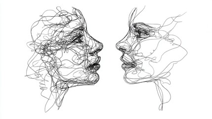 Fototapeta premium Lineart faces in profile: emotional connection and complexity