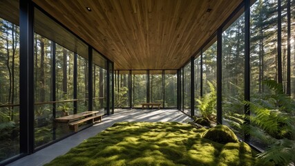 Fototapeta premium Modern Glass Structure Surrounded by Lush Forest Offers a Serene Retreat With Natural Light Filtering Through the Large Windows at Dawn