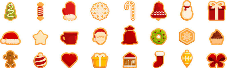 Christmas themed cookies icons set. Festive christmas cookies depicting traditional symbols like santa, snowman, gifts, and ornaments, perfect for celebrating winter holidays