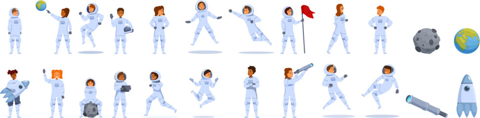 Kids dressed astronauts icons set. Diverse astronauts jumping, running, planting flags, and using telescopes, showcasing space exploration