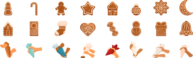 Decorating gingerbread house icons set. Hands decorating and preparing christmas gingerbread cookies with various icing bags