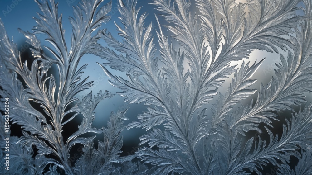 Poster frost patterns form intricate designs on a window during a cold winter morning, reflecting the soft 