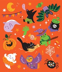 Print design. Spooky season with cartoon funny characters. Vector illustration