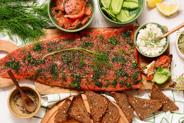 Traditional Norwegian Salmon Gravlax with Dill.top veiw