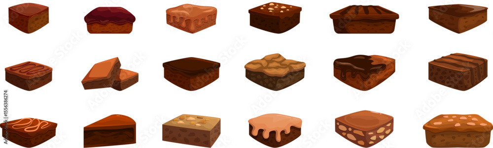 Aufkleber brownie icons set. set of square and sliced brownies with various toppings, creating a tempting disp