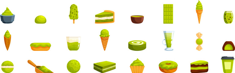 Matcha flavored dessert icons set. Matcha confectionery products including mochi, ice cream, cakes, and drinks are representing the popular japanese green tea flavor