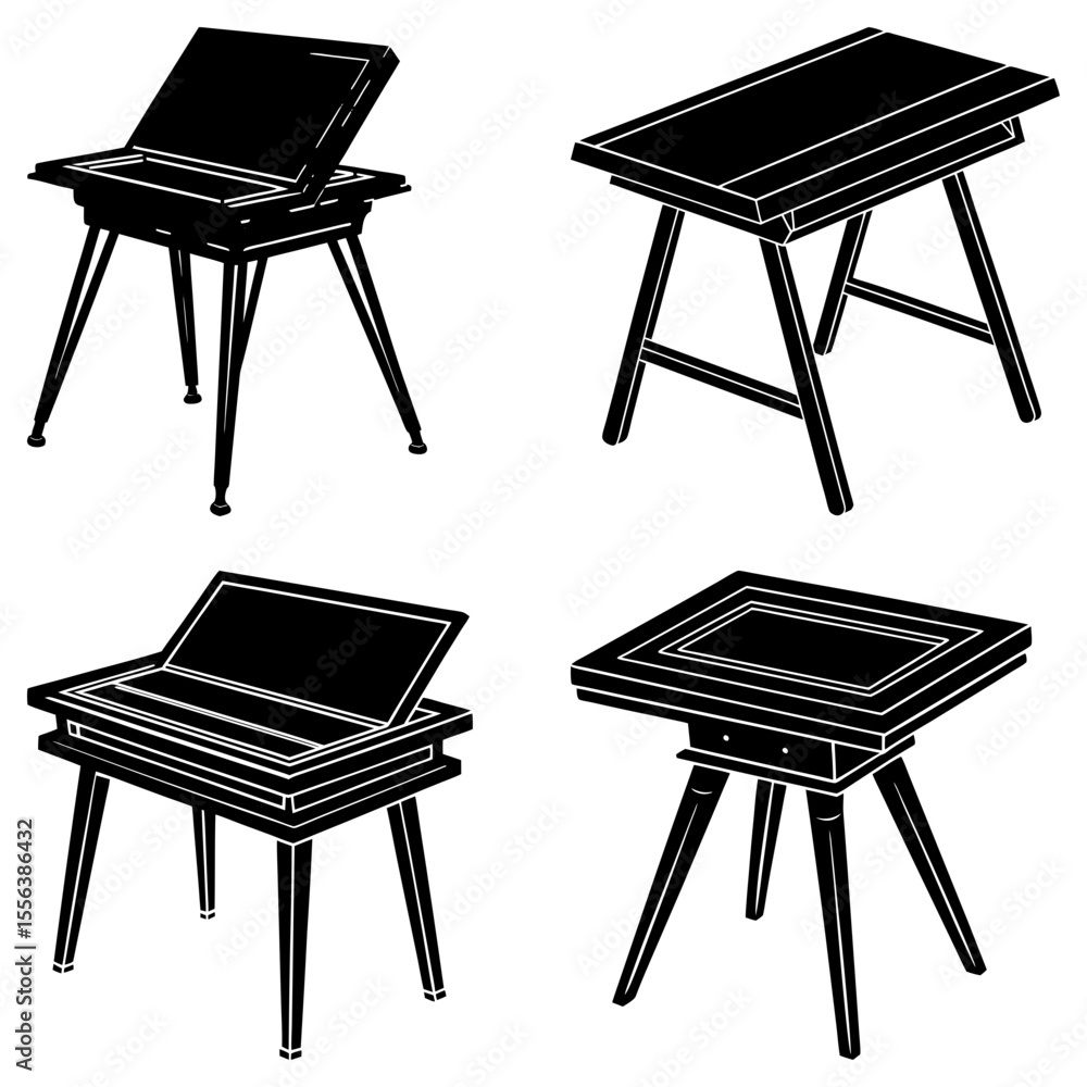 Aufkleber four drafting tables in black and white showing different styles and orientations on a white backgro
