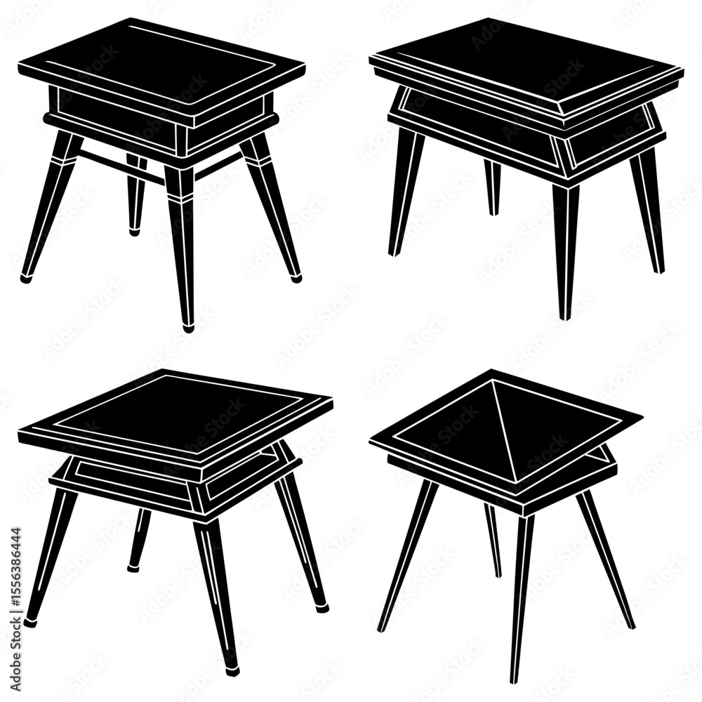 Aufkleber four black side tables with square tops and tapered legs arranged in a grid pattern on white backgro