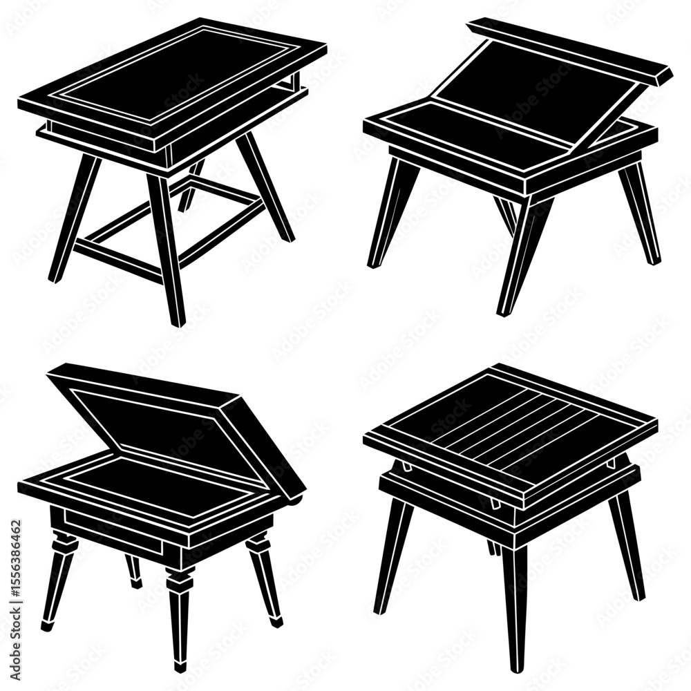 Poster four drafting tables shown in black and white with different angles and positions on a white backgro