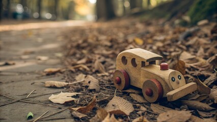 Wooden toy abandoned in dry leaves — soft decay and childhood memory
