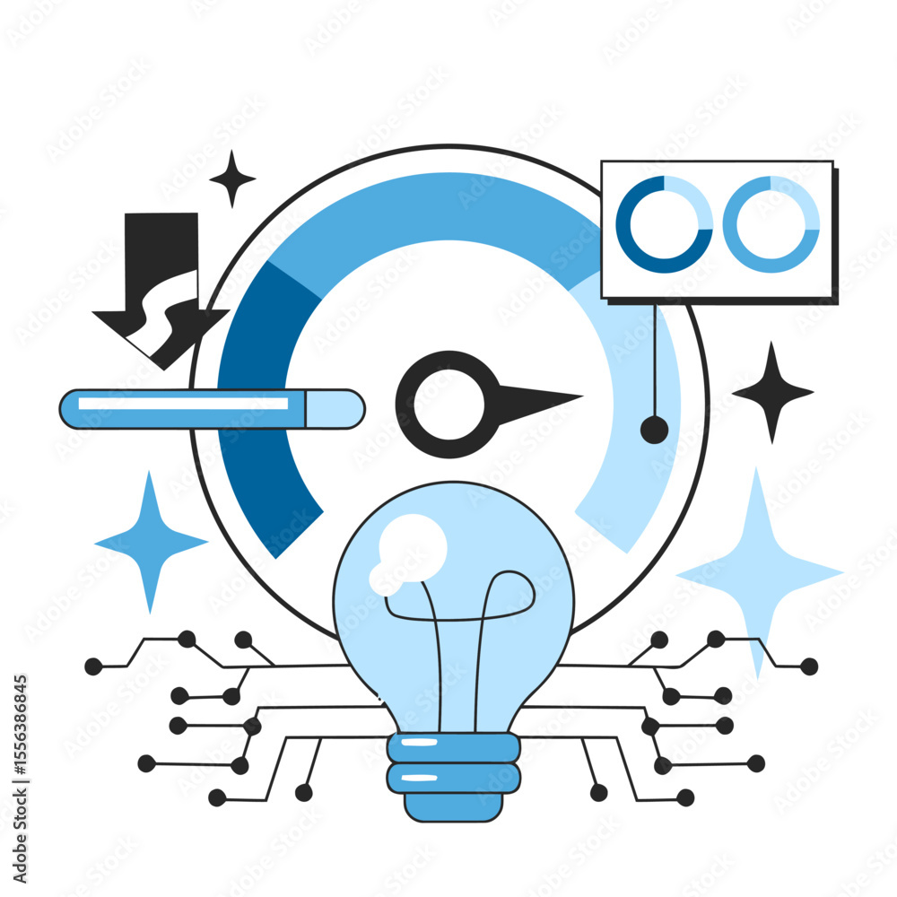 Poster lightbulb speedometer data analysis progress innovation technology performance dashboard vector desi