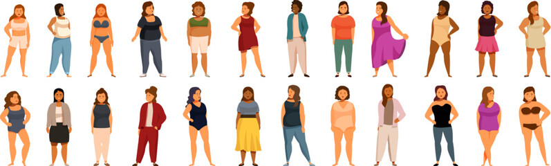 Obraz premium Plus size models icons set. Diverse group of curvy women standing in various outfits, promoting self love and body acceptance