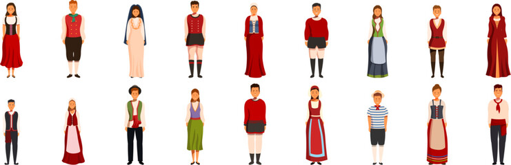 Italian traditional clothing icons set. Collection of people showcasing various traditional italian costumes, highlighting regional diversity and historical fashion evolution
