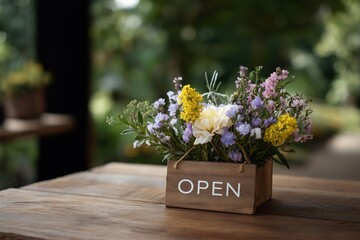Rustic wooden open sign with fresh colorful flowers on wooden table