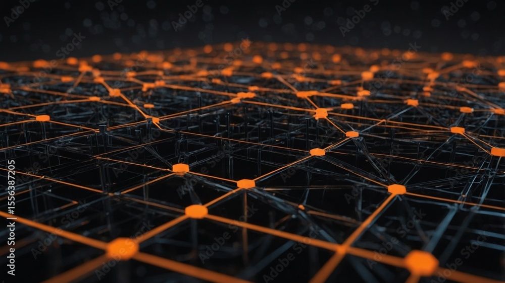 Poster network of interconnected nodes illuminated by orange light in a dark digital environment showcasing