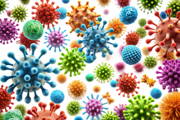Diverse colorful viruses and bacteria with spiky and spherical shapes isolated on a transparent background