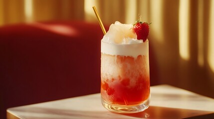 Strawberry tea with floating ice, rich cheese foam, and straw