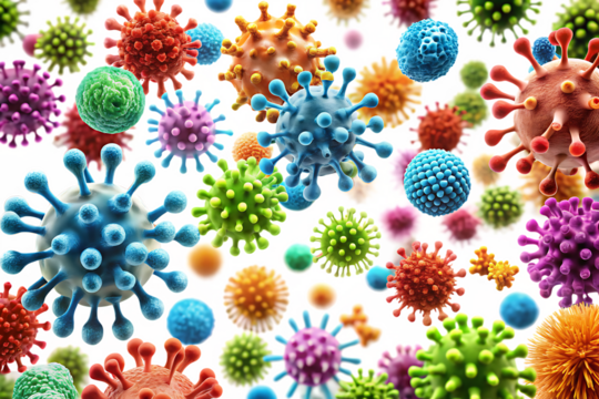 Diverse colorful viruses and bacteria with spiky and spherical shapes isolated on a transparent background
