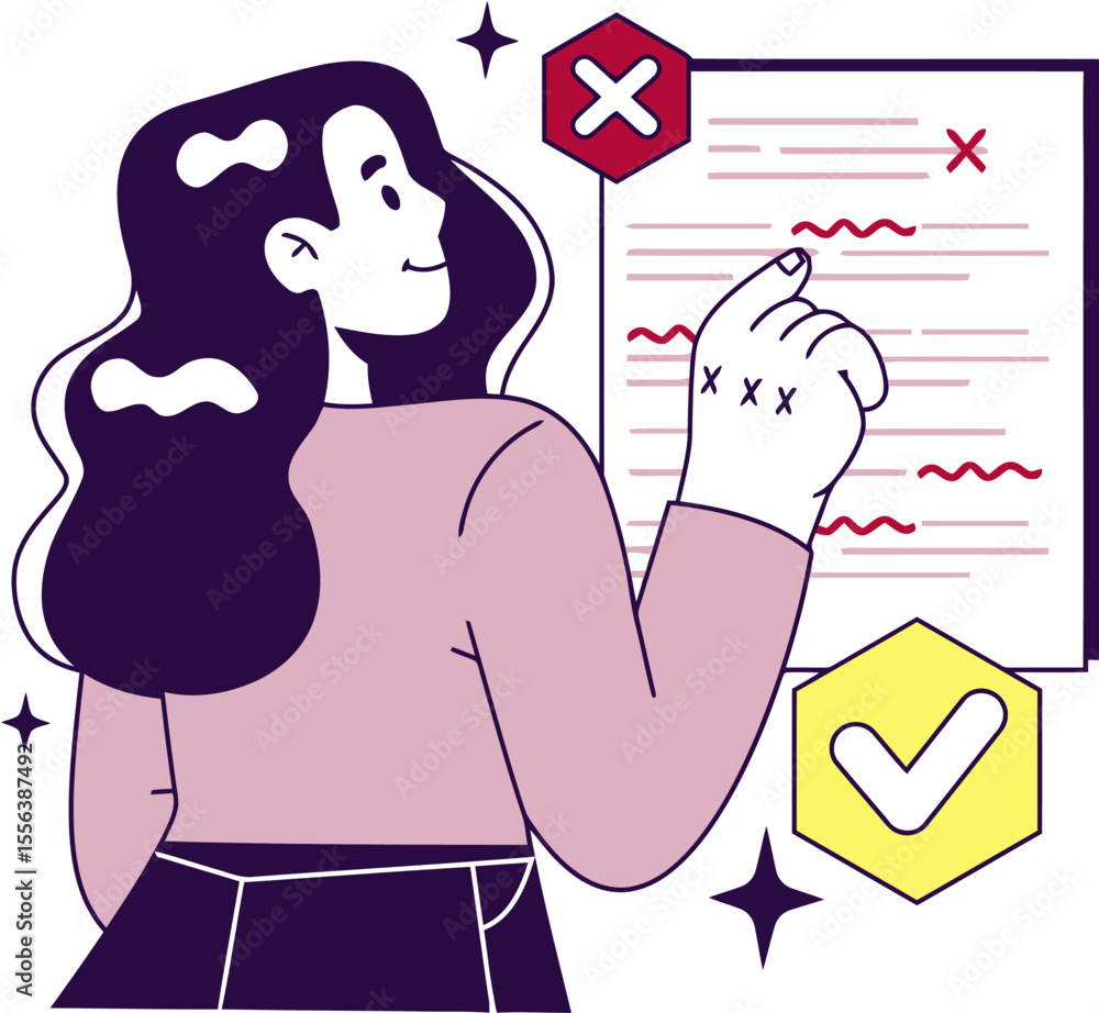 Poster woman document review error check approval process correct proofreading editing verification validat