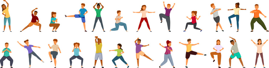 Aerobics kids icons set. Diverse group of people practicing various fitness exercises, promoting an active and healthy lifestyle