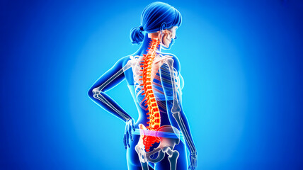 A medical illustration showing a transparent female torso from behind, wearing a blue tank top