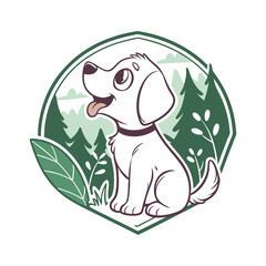 Cute Cartoon Puppy Sitting and Smiling – Happy Dog Mascot Illustration , pet logo design .