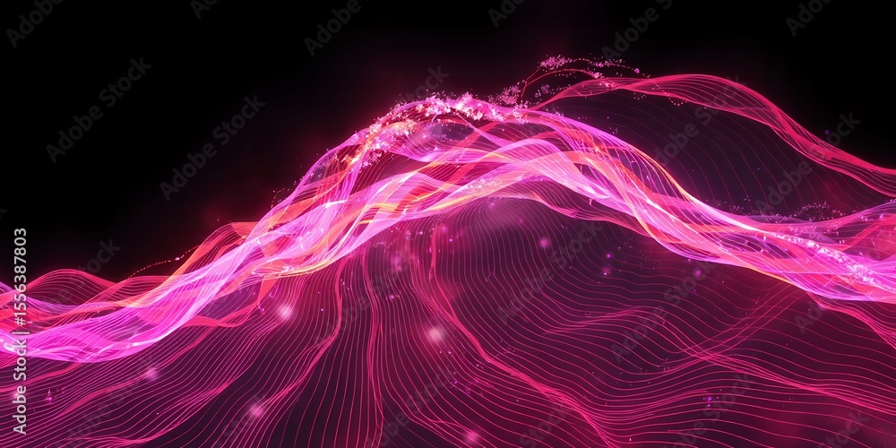 Poster abstract pink waves and particles flowing on black background creating a dynamic composition