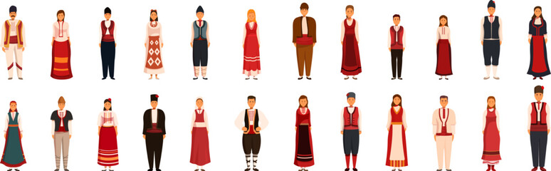 Bulgaria traditional clothing icons set. Diverse group showcasing traditional bulgarian attire, celebrating cultural heritage and national pride