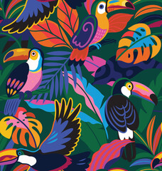 Seamless pattern with tropical birds toucans and leaves