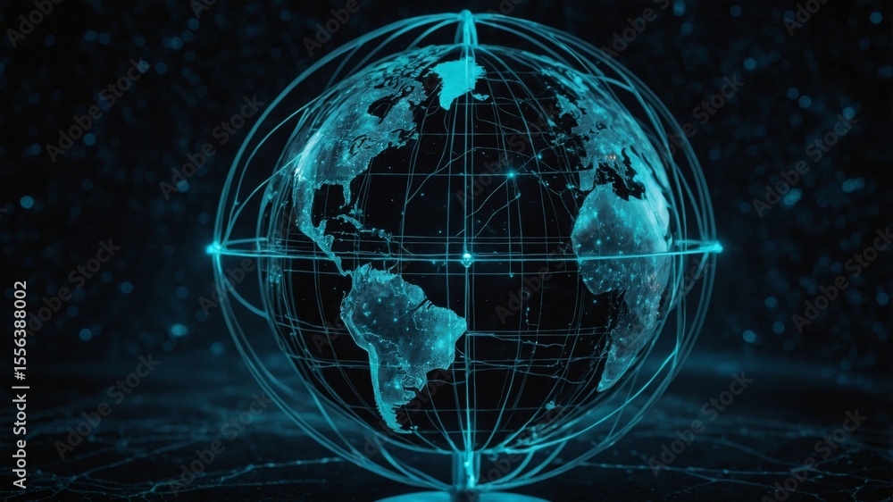 Poster digital representation of earth showcasing glowing continents and network lines against a dark backg