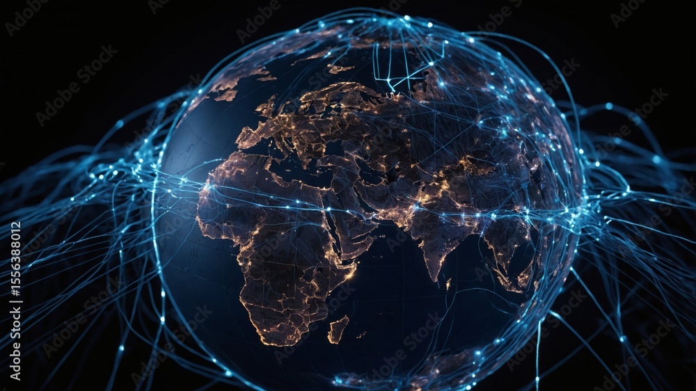 Poster visual representation of global connectivity showcasing illuminated continents with network lines tr