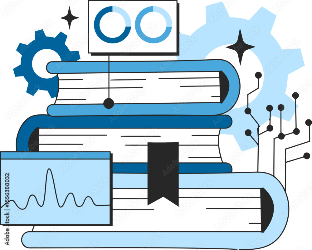 Poster data science machine learning books analytics engineering charts graphs gears knowledge information 