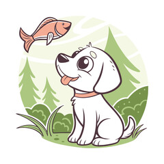 Cute Cartoon Puppy Sitting and Smiling – Happy Dog Mascot Illustration , pet logo design .