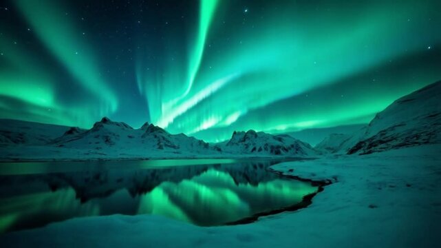 Aurora borealis over snowy mountains reflected in water at night in a scenic landscape video