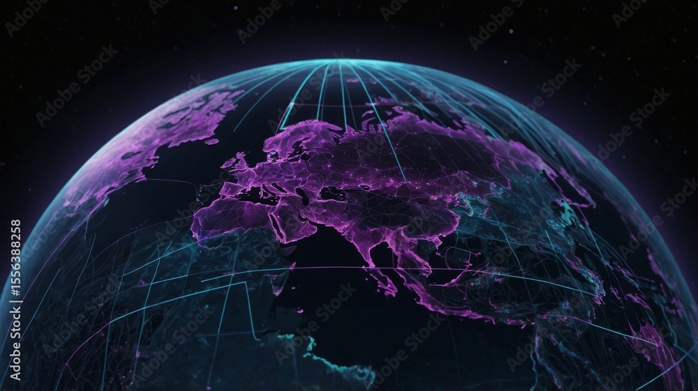 Poster visual representation of earth showcasing a futuristic map of europe with glowing networks and data 
