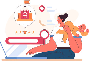 Woman baby laptop online shopping reviews stars location call multitasking work motherhood parenthood vector art illustration and png 