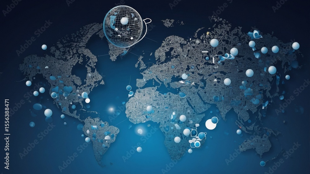 Poster Global Network Representation Showcasing Interconnected Data Points Across Continents in a Digital Style