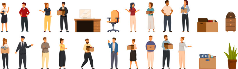 First day work icons set. Office workers leaving their jobs, carrying boxes with personal items, after being dismissed