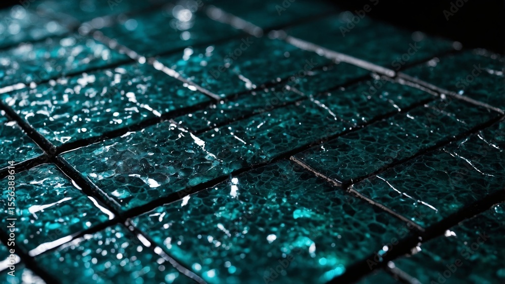 Poster textured surface of blue glass tiles illuminated by soft light, showing intricate patterns and refle
