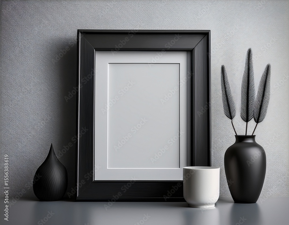 Poster high quality matte black 3d frame mock up placed on a light grey surface perfect for modern and impa
