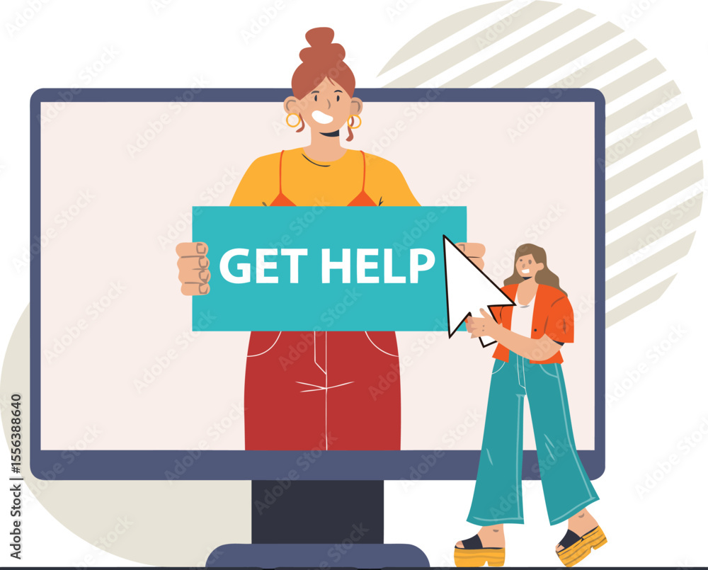 Poster get help support assistance service online digital computer monitor woman cursor guidance informatio