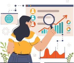 Woman analyzing data analytics business growth chart using magnifying glass market research strategy graph vector art illustration and png 